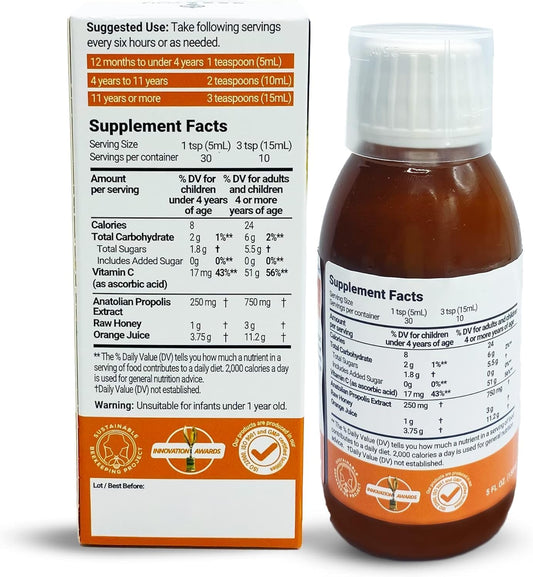 Bee And You Propolis Extract Cough Syrup W/Vitamin C, Soothing Honey, Natural Immune Support, Sore Throat Relief, Antioxidants, For Kids & Adults, 5 Fl Oz, For Men And Women