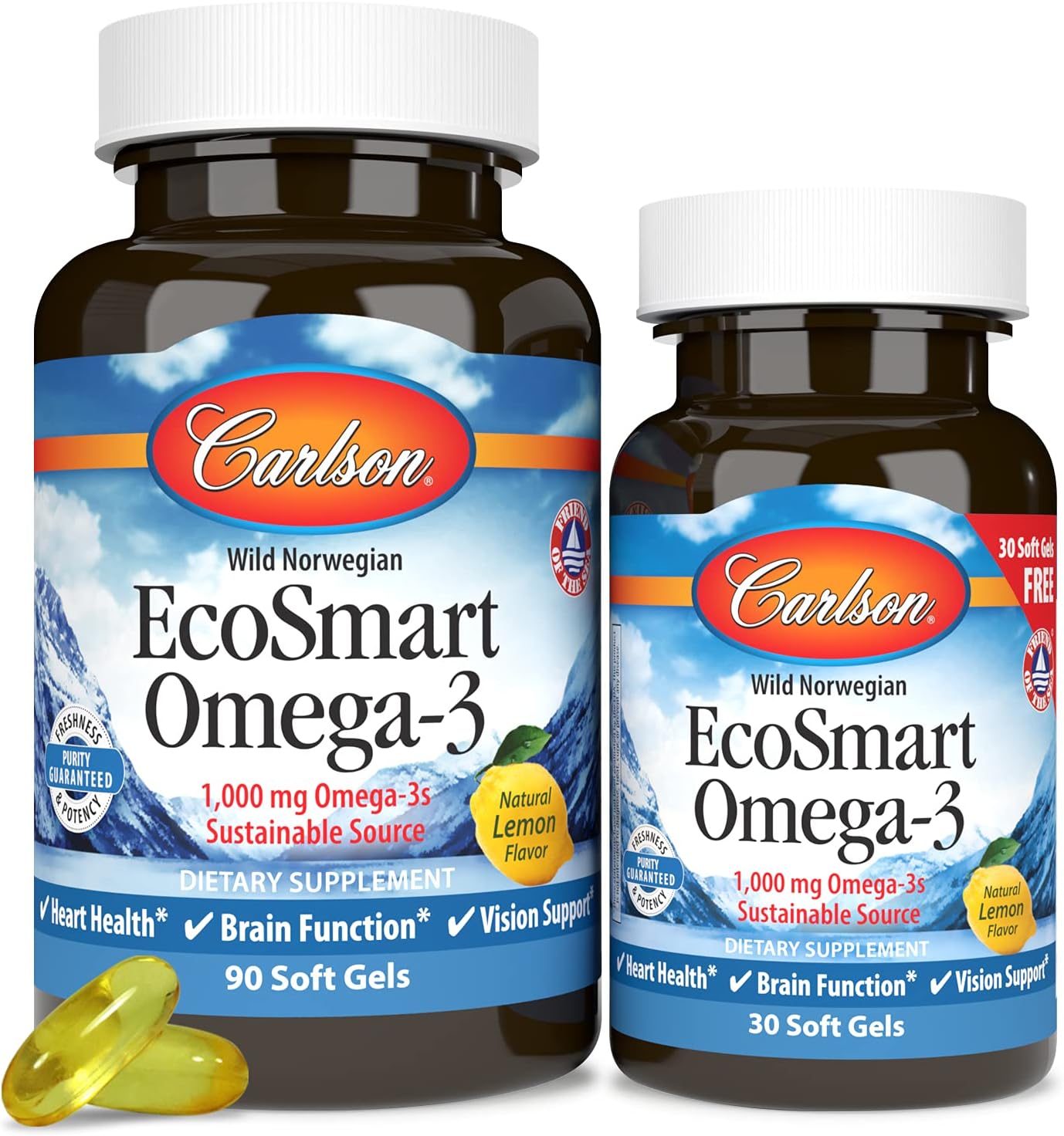 Carlson - Ecosmart Omega-3, 1000 Mg Omega-3S Sustainable Source, Heart Health, Brain Function & Vision Support, Lemon, 90+30 Soft Gels : Health & Household