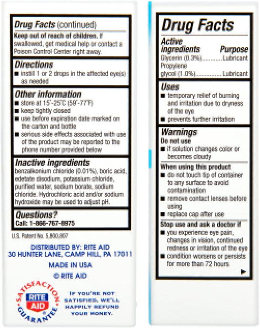 Rite Aid Artificial Tears, Polyethylene Glycol Lubricant Eye Drops - 1 oz | Eye Lubricant Drops for Dry Eyes | Dry Eye Formula | Eye Care for Age-Related Dry Eyes | Replenishes Tears & Refreshes Eyes