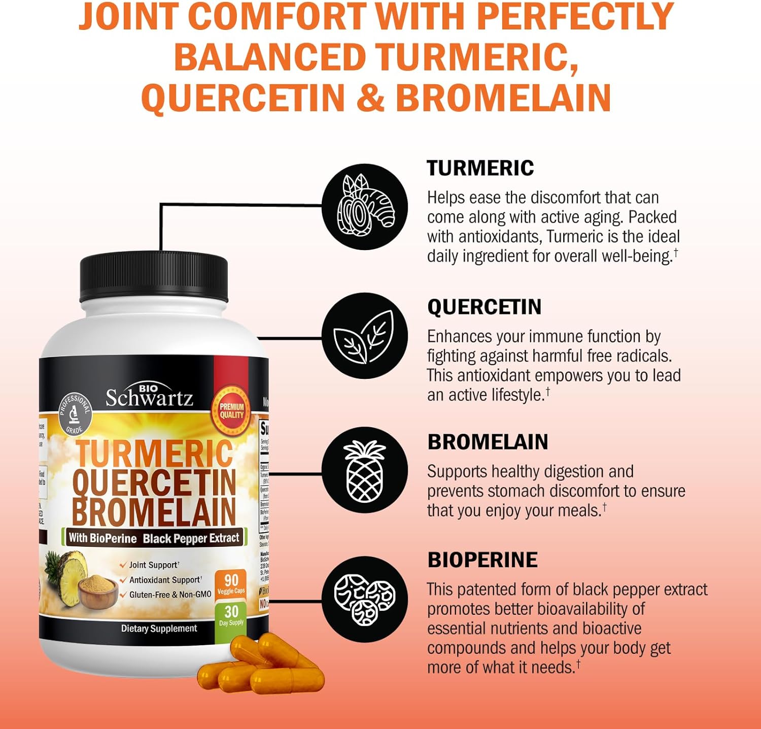 Turmeric Supplement with Quercetin Bromelain (90 Capsules) Natural Immune and Joint Support with BioPerine Black Pepper for Max Absorption - Organic Tumeric Curcumin (Vegan Safe, Non-GMO) 30 Servings