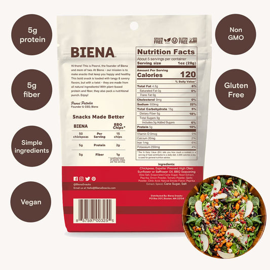 Biena Crispy Roasted Chickpea Snacks, Barbecue, High Protein Snacks, High Fiber Snacks, Gluten Free, Plant-Based, Non-GMO, Healthy Snacks for Adults and Kids, 4-Pack 5 Ounce Bags