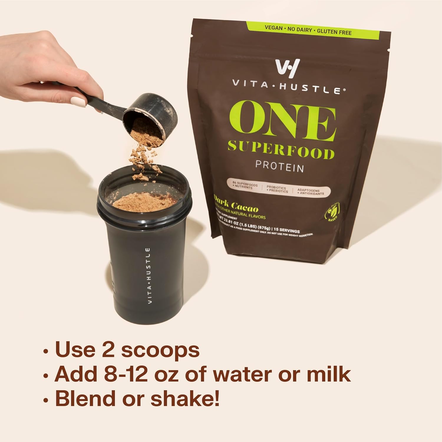 VitaHustle ONE - Superfood Meal Replacement Shake, Plant Based Protein Powder, Vegan. 86 Superfoods, Vitamins, & Minerals, Ashwagandha, Adaptogens. (Chocolate) 15 Servings