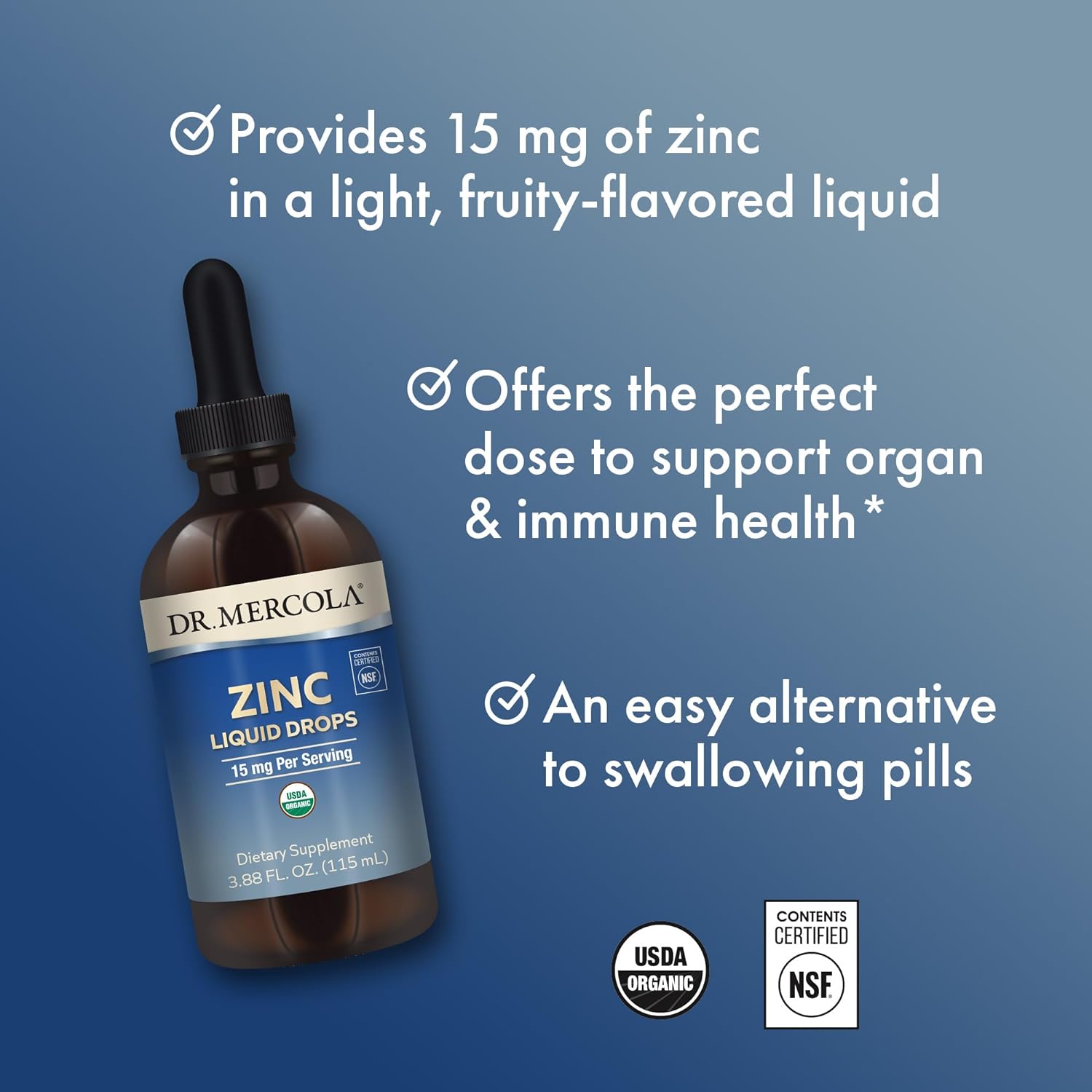 Dr. Mercola Zinc Liquid Drops, 3.88 Fl. Oz. (115 mL), 3-Pack (About 84 Servings), Dietary Supplement, 15mg Per Serving, Immune Support & Cognitive Function, Certified USDA Organic : Health & Household