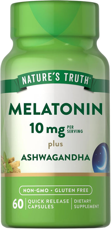 Nature'S Truth Melatonin 10Mg With Ashwagandha | 60 Capsules | Non-Gmo & Gluten Free Supplement For Adults