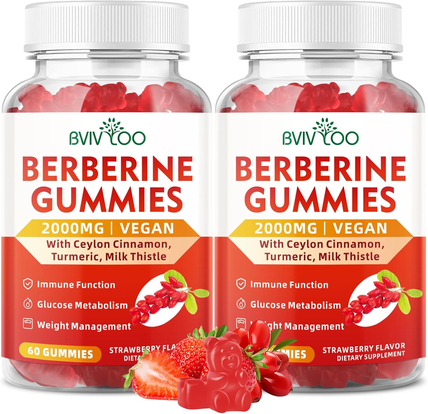Berberine Gummies,Sugar Free 2000Mg High Potency Berberine Hci Supplement, Plus Ceylon Cinnamon, Milk Thistle For Women & Men, Immune System & Metabolism Support - 60 Gummies