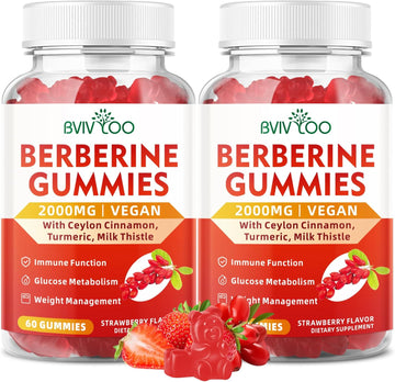 Berberine Gummies,Sugar Free 2000Mg High Potency Berberine Hci Supplement, Plus Ceylon Cinnamon, Milk Thistle For Women & Men, Immune System & Metabolism Support - 60 Gummies