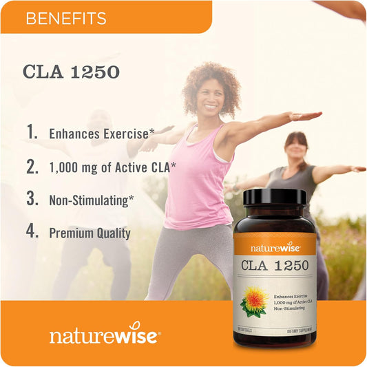 Naturewise Cla 1250 - Cla Supplement With Conjugated Linoleic Acid For Women And Men, Non-Stimulating Cla, Supports Healthy Weight, Fitness Goals - Non-Gmo, Gluten Free - 90 Softgels[1-Month Supply]