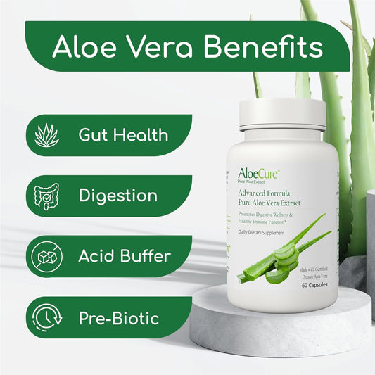 AloeCure Organic Aloe Vera Capsules, 130,000mg Inner Aloe Leaf Equivelant per Serving, Support Gut Health & Digestive Comfort, Stomach Acid Buffer, Natural Immune Supplement, Aloin Free, 60 Capsules