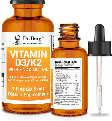 Dr. Berg Vitamin D3 K2 With Zinc & Mct Oil Liq Supplement - Liq Vitamin D3 With K2 For Bone & Teeth Strength, Mood, Immune & Heart Health D3 K2 Drops - Vitamin D3 K2 Drops For Adults - 1