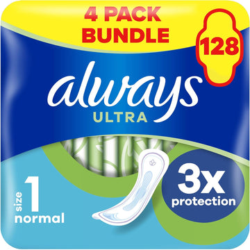 Always Ultra Sanitary Towels, Size 1, Normal, Light Flow, 128 Pads Without Wings (32 x 4 Packs) SAVING PACK, Locks Wetness Leaks & Odours, Thin And Discreet