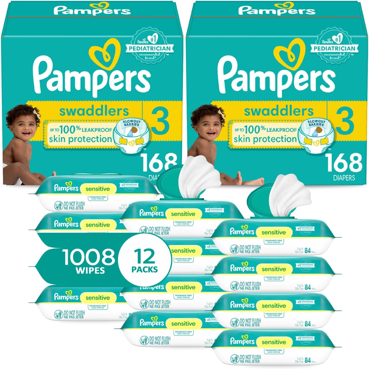 Pampers Swaddlers Disposable Baby Diapers Size 3, 2 Month Supply (2 X 168 Count) With Sensitive Water Based Baby Wipes 12X Multi Pack Pop-Top And Refill (1008 Count)