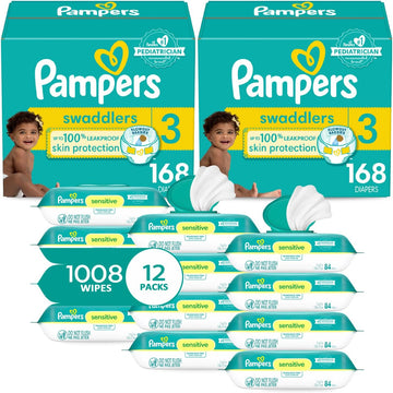 Pampers Swaddlers Disposable Baby Diapers Size 3, 2 Month Supply (2 X 168 Count) With Sensitive Water Based Baby Wipes 12X Multi Pack Pop-Top And Refill (1008 Count)