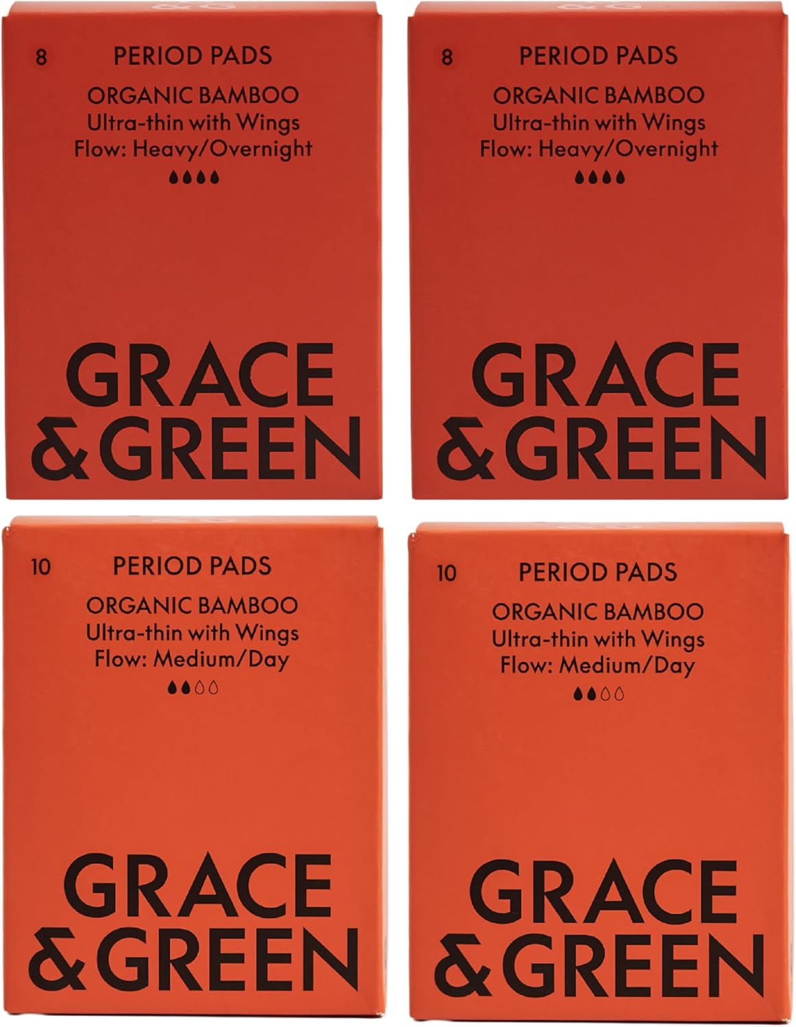 Grace & Green - Nightime & Daytime Bamboo Pads - Heavy and Regular Flow - 36x Sustainable Pads - with Wings - Dual Pack- Biodegradable Packaging - Eco-Friendly - B Corp certified