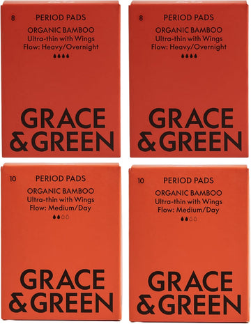 Grace & Green - Nightime & Daytime Bamboo Pads - Heavy and Regular Flow - 36x Sustainable Pads - with Wings - Dual Pack- Biodegradable Packaging - Eco-Friendly - B Corp certified