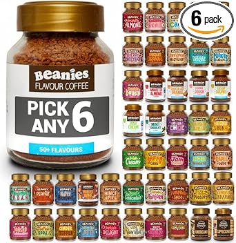 Beanies Flavoured Instant Coffee Pick Any 6 Jars (50G) From 50+ Flavours (Blends, Barista, Decaf) Inc. Turkish Delight, Chocolate Orange, Chai Latte, Cookie Dough, Hazelnut, Caramel, Vanilla And More!