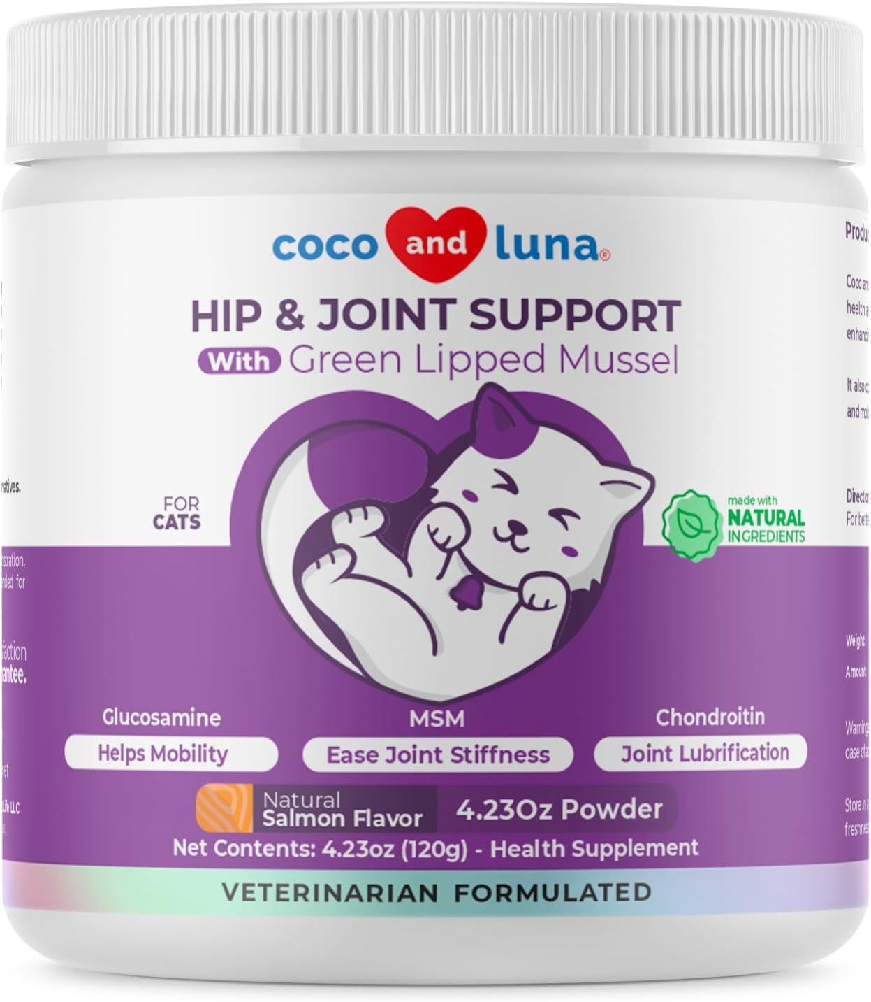 Glucosamine For Cats - 4.23Oz/120G Powder - Hip And Joint Supplement For Cats With Green Lipped Mussel, Msm, Chondroitin, And Vitamin E