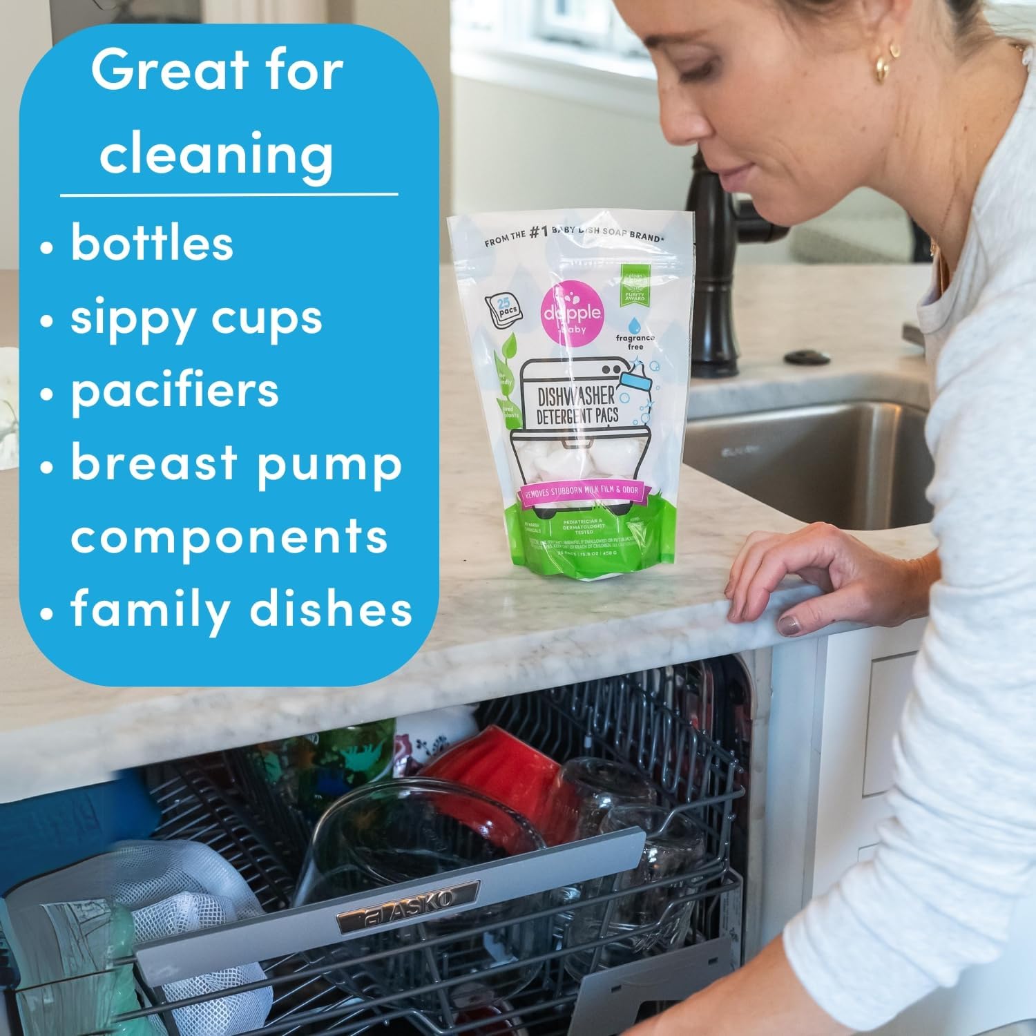 Dishwasher Detergent Pacs By Dapple Baby, 25 Count Pouch (Pack Of 2), Fragrance Free, Plant Based & Hypoallergenic Dishwasher Pods - Removes Milk Residue & Odor - Dishes, Baby Bottles & Kitchenware