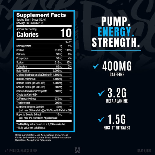 RYSE Up Supplements Project Blackout Pre Workout | Pump, Energy, and Strength | with Caffeine, Vitacholine, Nitrates, and Theobromine | 25 Servings (Baja Burst)