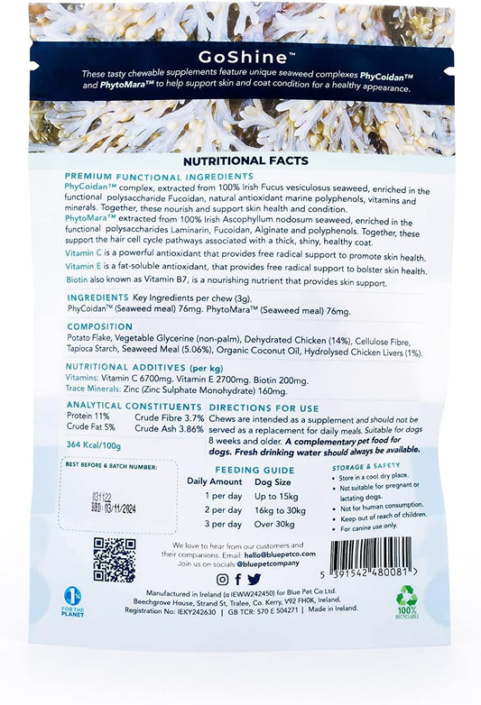 Blue Pet Co - Goshine Skin & Coat Health Supplement For Dogs - Promotes Healthy Skin, Shiny Coat & Hair Growth - Enriched With Unique Seaweed Complexes - Rich In Chicken - 10 Chews