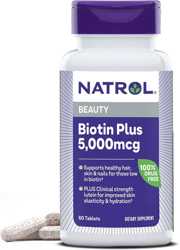 Natrol Beauty Biotin Plus Lutein 5,000 mcg, Dietary Supplement to Support Healthy Hair, Skin and Nails, 60 Beauty Tablets for Adults, 60 Day Supply