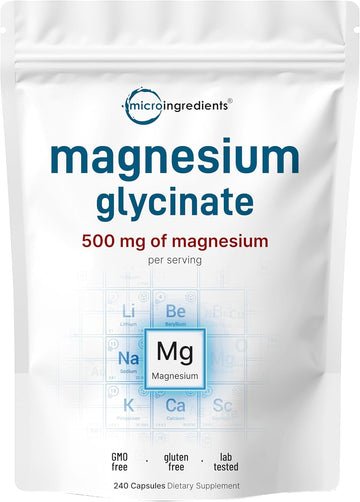 Micro Ingredients Magnesium Glycinate 500Mg Per Serving, 240 Capsules | Potent Elemental Form, 100% Chelated, High Absorption | Healthy Muscle, Bones, & Mood Support Supplement | Non-Gmo