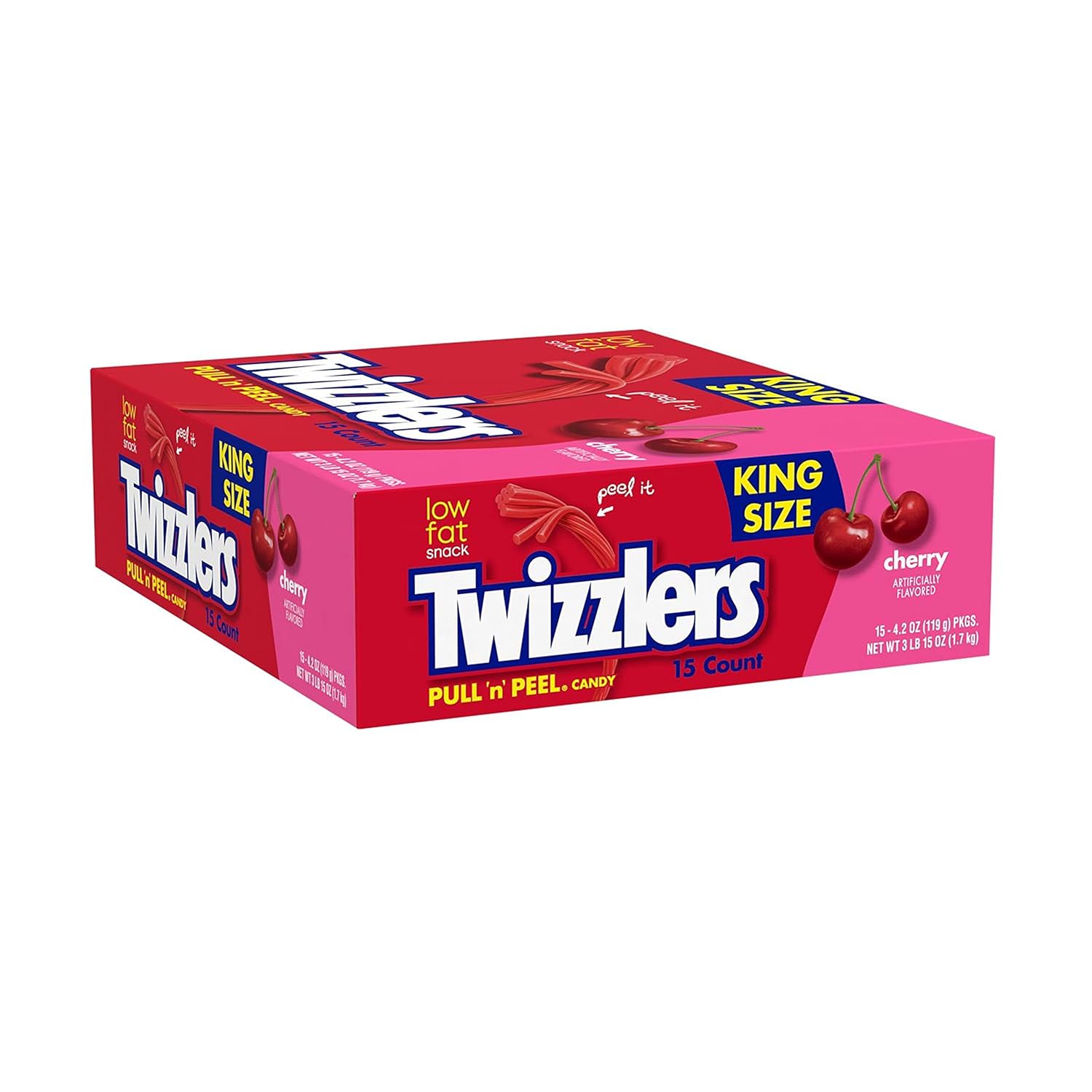 Twizzlers Pull 'N' Peel Cherry King Size, Candy Packs, 4.2 Oz (15 Count)