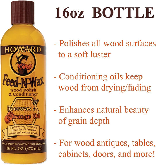 Howard Feed-N-Wax Wood Polish + Daley Mint Cloth | Wooden Furniture Polish and Conditioner Kit - FW0016, 16oz