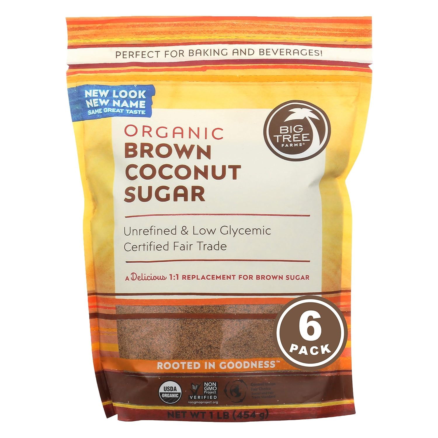 Big Tree Farms Organic Brown Coconut Sugar - Coconut Palm Sugar, Unrefined, Fine Crystals, Cane Sugar Replacement, Coconut Blossom Nectar, Vegan, Perfect For Baking - 1 Pound (Pack Of 6)