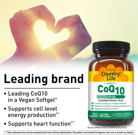 Country Life Simply Coq10 100Mg – Heart Function & Cellular Energy Support Supplement, Pure Coenzyme Q10 For Antioxidant & Cardiovascular Health, Certified Gluten Free & Vegan, 60 Softgels