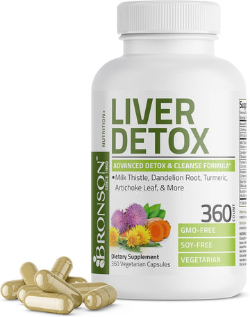 Bronson Liver Detox Advanced Detox & Cleansing Formula Supports Health Liver Function With Milk Thistle, Dandelion Root, Turmeric, Artichoke Leaf & More, Non-Gmo, 360 Vegetarian Capsules