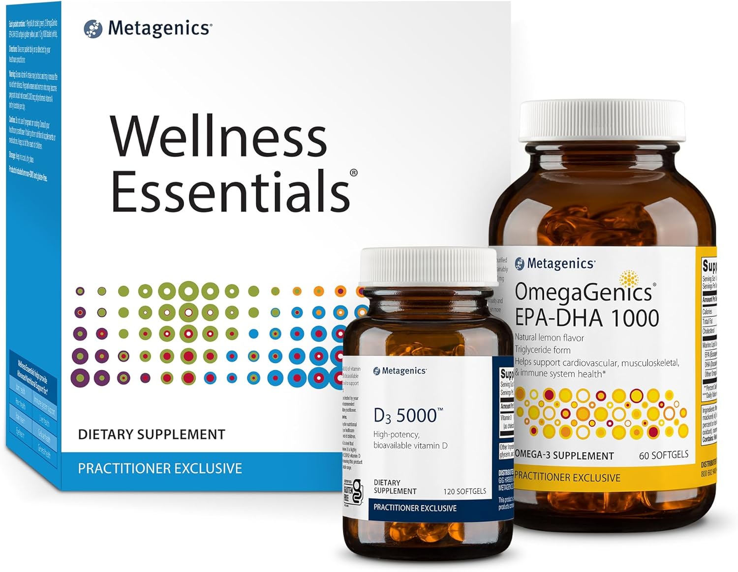 Metagenics Wellness Essentials - 30 Count, Omegagenics Epa-Dha 1000-60 Softgels, And D3 5000-120 Softgels