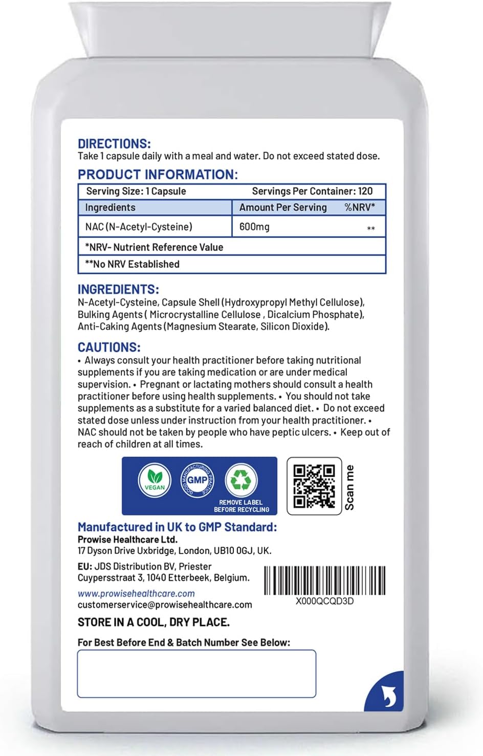 Nac N-Acetyl- Cysteine 600Mg 120 Capsules - Uk Manufactured | Gmp Standards By Prowise Healthcare | Suitable For Vegetarians And Vegans