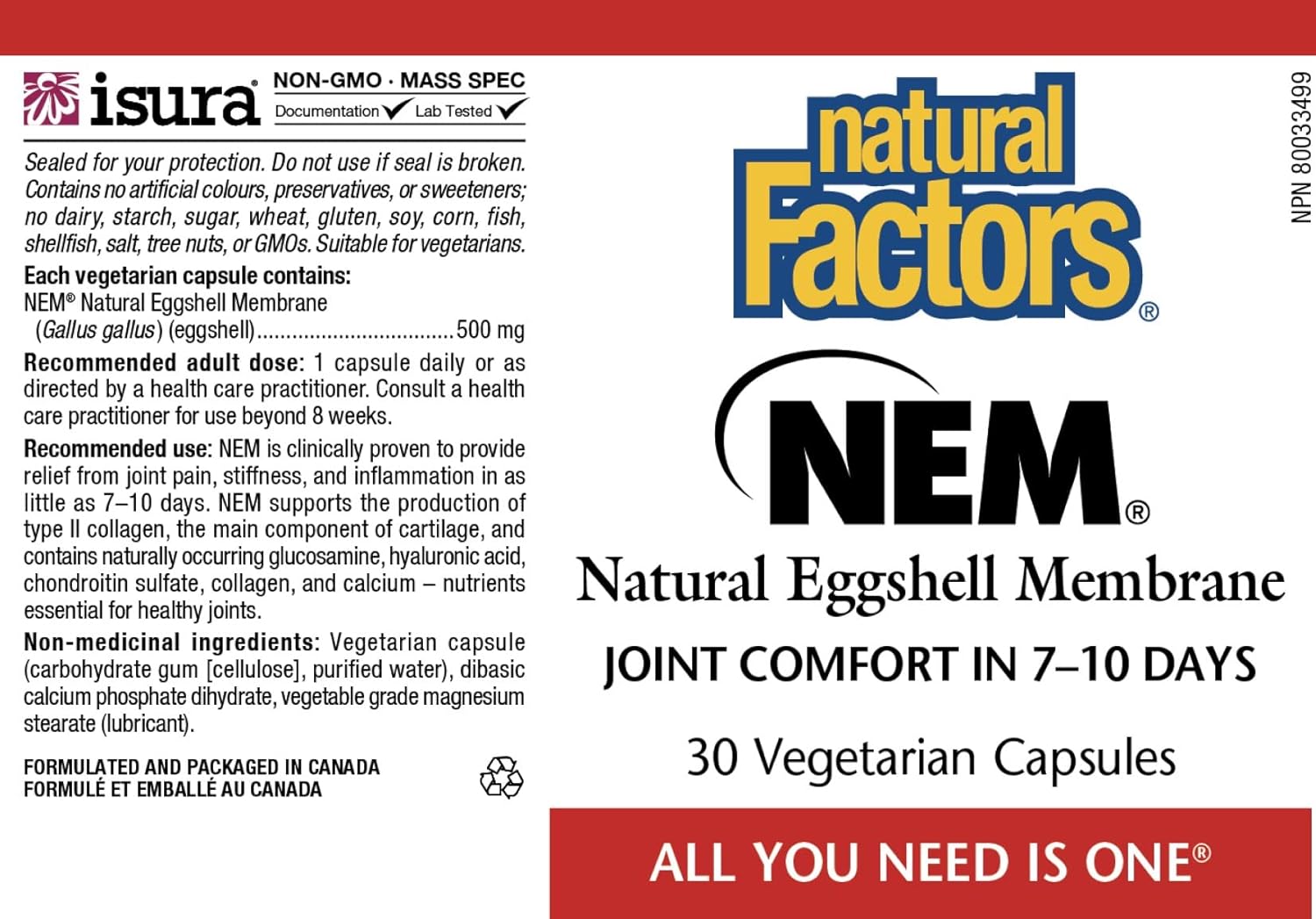 Natural Factors, NEM Natural Eggshell Membrane, Promotes Joint Comfort and exibility, 30 Capsules