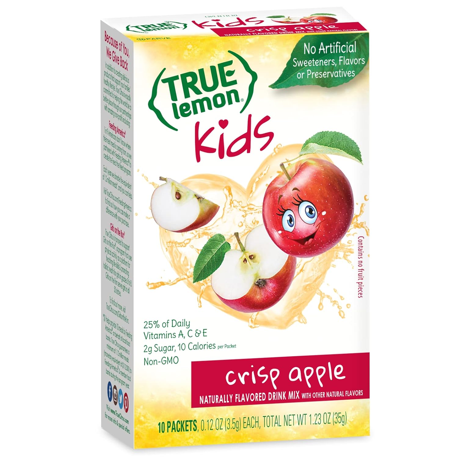 True Lemon Kids Crisp Apple (10 Packets) - Hydration, No Preservatives, No Artificial Flavors, No Sweeteners - Low Sugar Water Flavoring - Juice Powdered Drink Mix For Kids