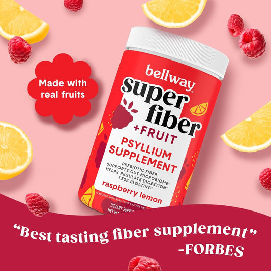 Bellway Super Fiber Powder + Fruit, Sugar Free Organic Psyllium Husk Powder Fiber Supplement For Regularity, Bloating Relief & Digestive Health, Plant-Based, Raspberry Lemon (50 Servings)