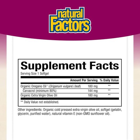 Natural Factors, Oil Of Oregano 180 Mg, Helps Maintain Good Health With Extra Virgin Olive Oil, 30 Softgels (30 Servings)