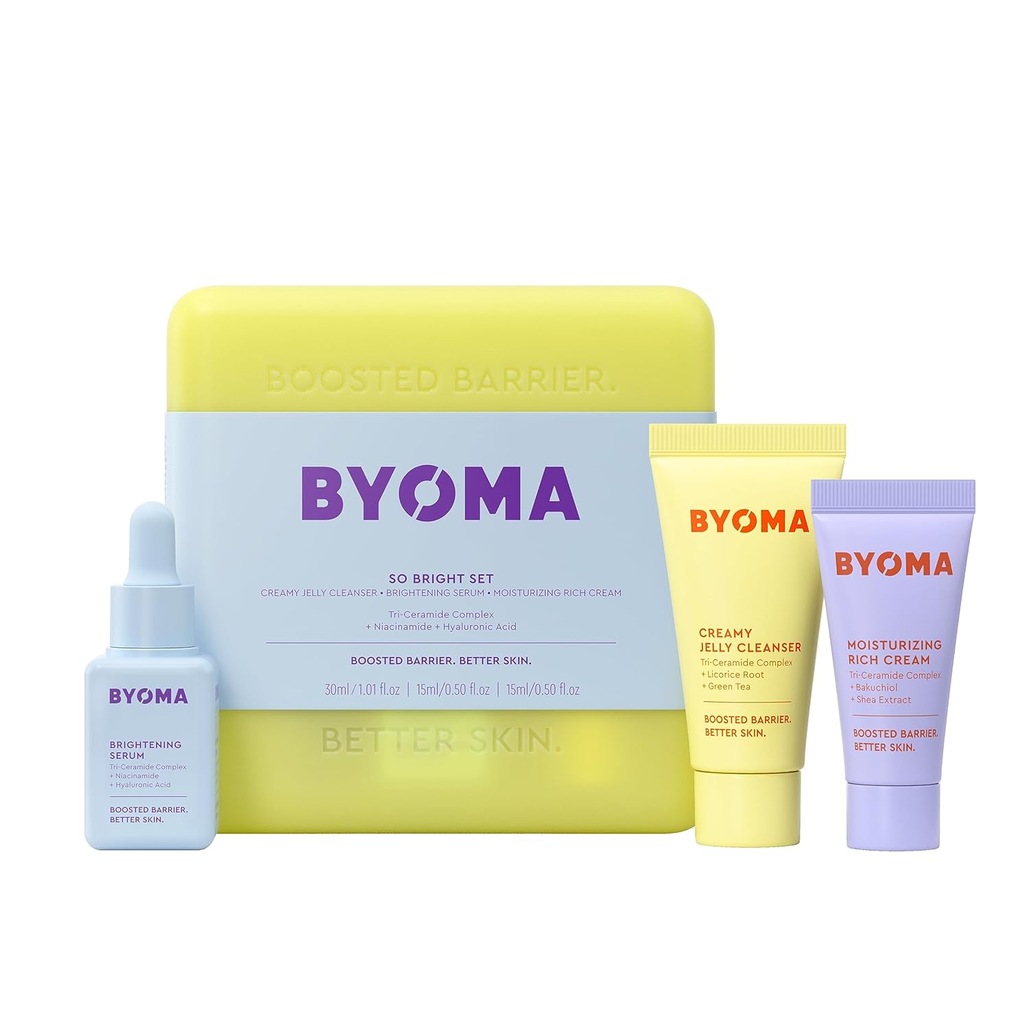 Byoma So Bright Set - Barrier Repair Skincare Set For Brighter Skin - Creamy Jelly Cleanser, Brightening Face Serum & Ceramide Face Moisturizer - Alcohol Free Skin Care - 30Ml, 15Ml, 15Ml