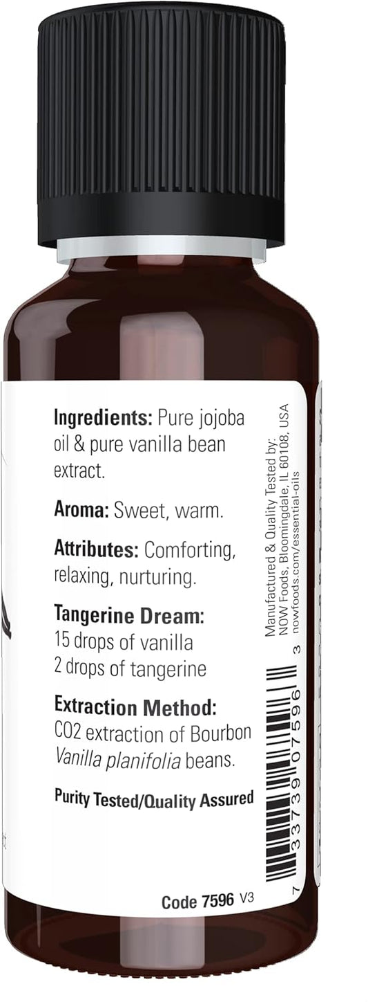 NOW Essential Oils, Vanilla Oil, Blend of Pure Vanilla Bean Extract in Pure Jojoba Oil, Sweet Aromatherapy Scent, Vegan, Child Resistant Cap, 1-