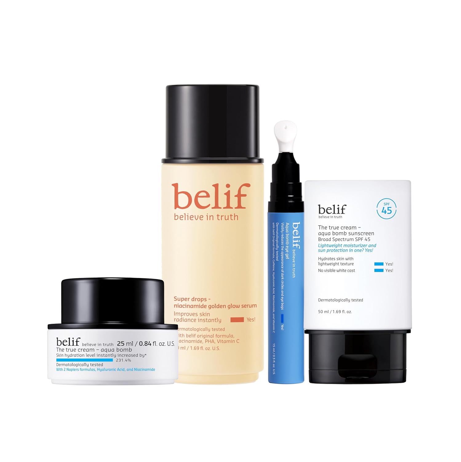 Belif Essentials Bundle - Aqua Bomb Moisturizer 25Ml, Cooling Eye Gel, Glow Serum, Spf 45 Sunscreen