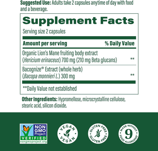 MegaFood Superfood Mushroom Focus Support - Doctor Formulated Lions Mane Supplement Capsules - Lions Mane Mushroom Supplement with Clinically Studied Bacopa - Vegan - 60 Capsules, 30 Servings