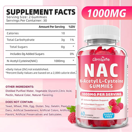 Nac Gummies For Kids & Adults, 1000Mg N Acetyl Cysteine Supplement Nac Chewable For Antioxidants & Immune Support, Liver Health, Raspberry Flavor, 60 Count