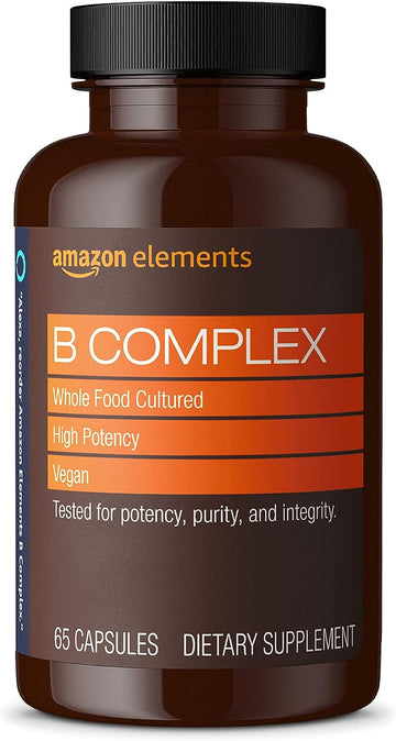 Amazon Elements B Complex, High Potency, 83% Whole Food Cultured, Supports Immune and Normal Energy Metabolism, Vegan, 65 Capsules, 2 month supply (Packaging may vary)