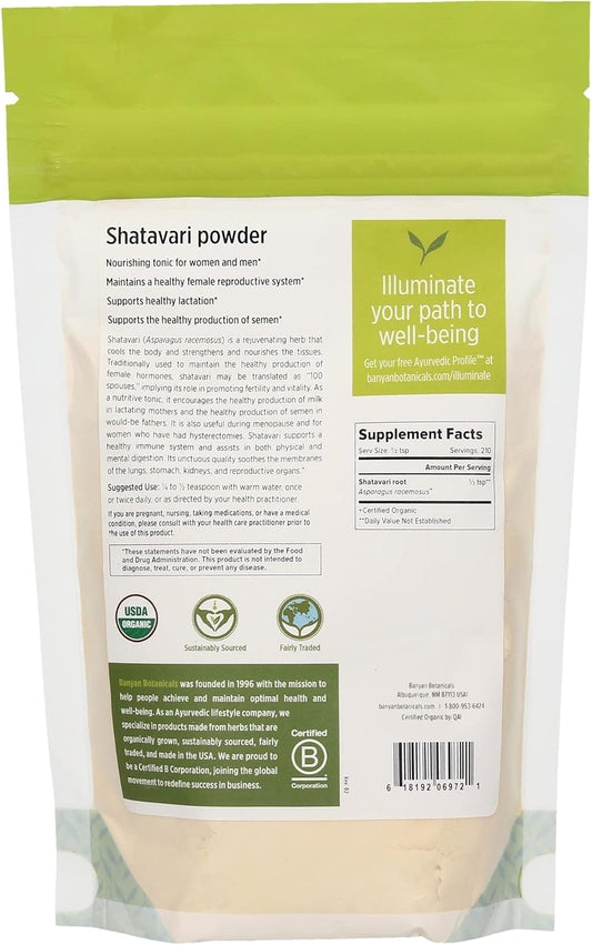 Banyan Botanicals Organic Shatavari Powder – Asparagus Racemosus – Ayurvedic Herb For Vata & Pitta, Balanced Female Hormones, Energy, Vitality & More* – 1/2Lb. ­– Non-Gmo Sustainably Sourced Vegan Ffl