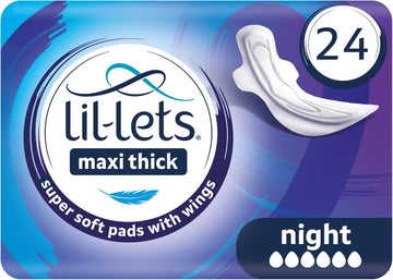 Lil-Lets Maxi Thick Period Pads X 24, Night Absorbency, with Wings, 1 Pack of 24 Maxi Pads, for Very Heavy/Extra Heavy Overnight Flow, Unscented, Nightime Sanitary Towel