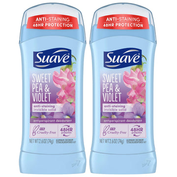 Suave Deodorant for Women, Sweet Pea & Violet – Invisible Solid Antiperspirant Deodorant Stick, 48H Protection, Anti-Staining, Cruelty-Free, Scented, 2.6 Oz (Pack of 2)