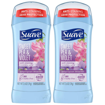 Suave Deodorant For Women, Sweet Pea & Violet – Invisible Solid Antiperspirant Deodorant Stick, 48H Protection, Anti-Staining, Cruelty-Free, Scented, 2.6 Oz (Pack Of 2)