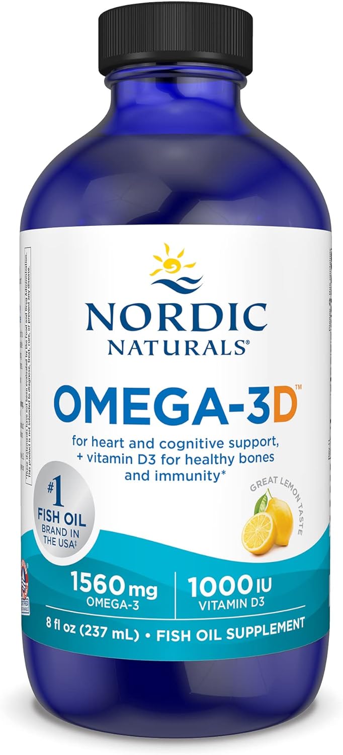 Nordic Naturals Omega-3D, Lemon Flavor - 8 oz - 1560 mg Omega-3 + 1000 IU Vitamin D3 - Fish Oil - EPA & DHA - Immune Support, Brain & Heart Health, Healthy Bones - Non-GMO - 48 Servings