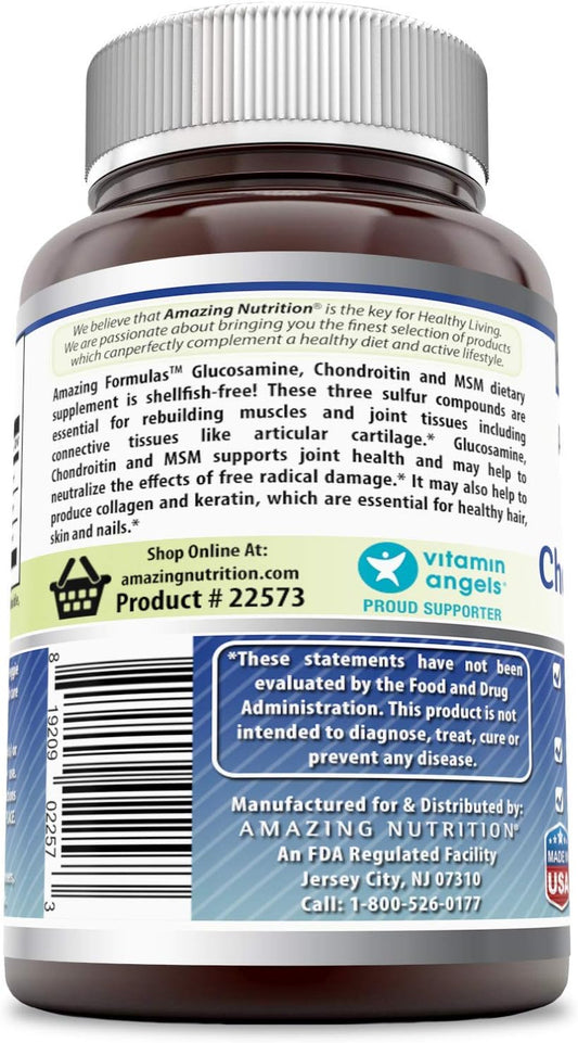 Amazing Formulas Glucosamine Chondroitin & MSM 60 Veggie Capsules | Shellfish Free | Non-GMO | Gluten Free | Made in USA | Ideal for Vegetarians