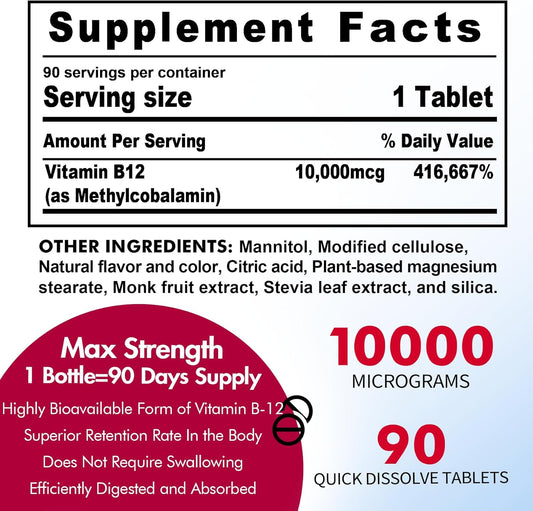 Vitamin B12, Methylcobalamin 10000 Mcg, Active B12 Vitamins, Vegan Methyl B12 For Energy Metabolism & Brain Health, Boost Immune System, Natural Strawberry Flavor, Zero Sugar, 90 Fast Dissolve Tablets