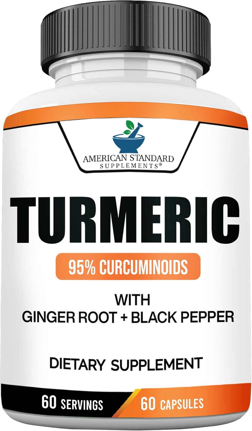 American Standard Supplements Turmeric Extract - Curcumin 95% With Ginger Root Extract & Black Pepper Extract– 60 Vegan Capsules, 60 Servings